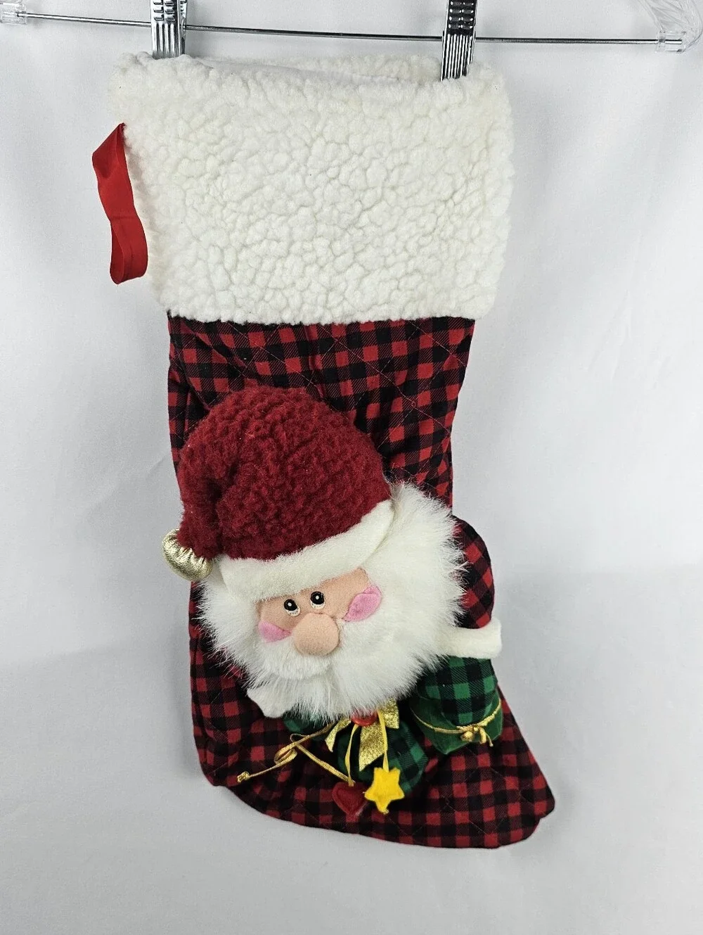 Vtg 3D Santa Christmas Stocking Buffalo Plaid Sherpa Cuff Festive Holiday